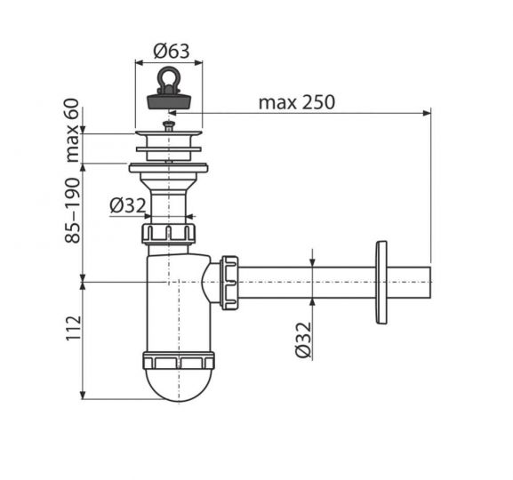 Сифон для раковины AlcaPlast A420 Ø32 с пластиковой peшeткой Ø63