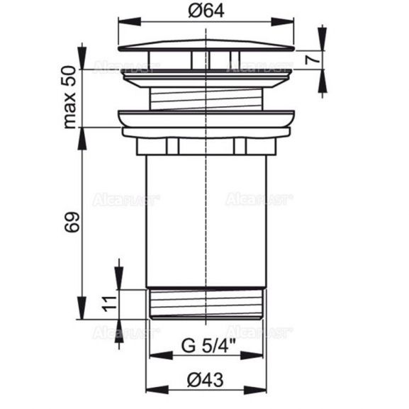 Донный клапан для раковины AlcaPlast A396 5/4" без перелива, цельнометаллический с большой заглушкой