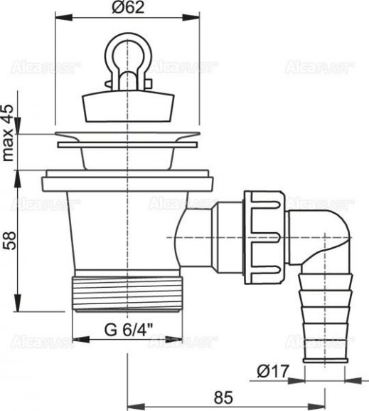 Водослив для раковины AlcaPlast 6/4" с нержавеющей peшeткой Ø62 и штуцером