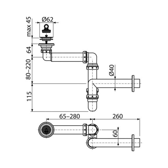 Сифон для раковины AlcaPlast A413 Ø40 экономящий пространство с нержавеющей решеткой Ø63