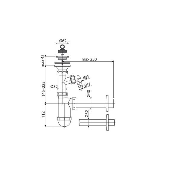 Сифон для раковины AlcaPlast A41P Ø40/32 со штуцером и нержавеющей решеткой Ø63