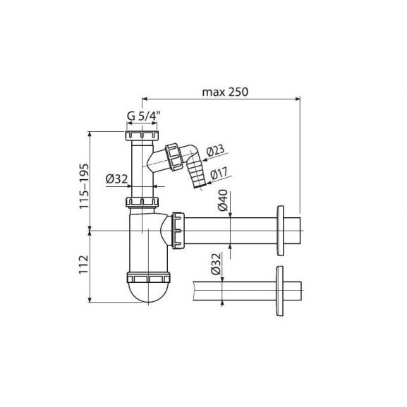 Сифон для раковины Alcaplast A43P Ø40/32 со штуцером и накидной гайкой 5/4"