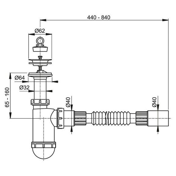 Сифон для раковины AlcaPlast A41 Flexi с гофротрубой Ø40 с нержавеющей решеткой Ø63