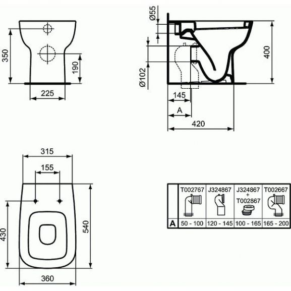 Приставной унитаз Ideal Standard Esedra 36*54 с крышкой-сиденьем микролифт