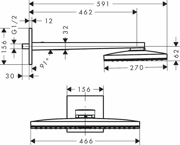 Верхний душ с кронштейном Hansgrohe Rainmaker Select 24003600 настенный 1 режим хром/черный