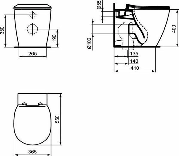 Приставной унитаз Ideal Standard Connect Aquablade 36,5*55 безободковый с крышкой-сиденьем микролифт Slim_1