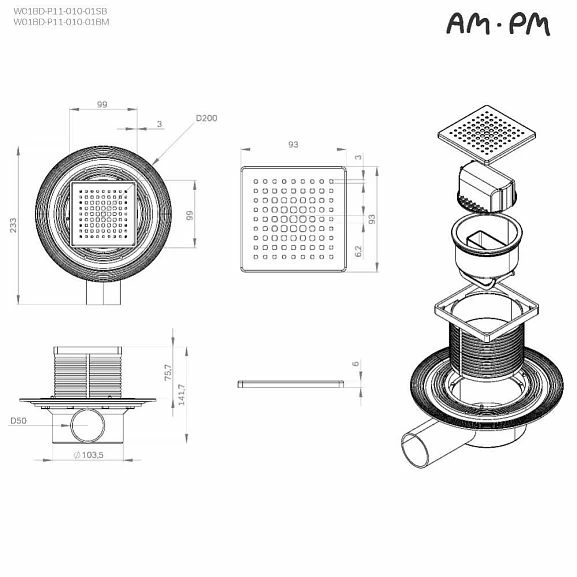 Душевой трап AM.PM MasterFlow W01BD-P11-010-01SB Cut Gradient матовый хром_1